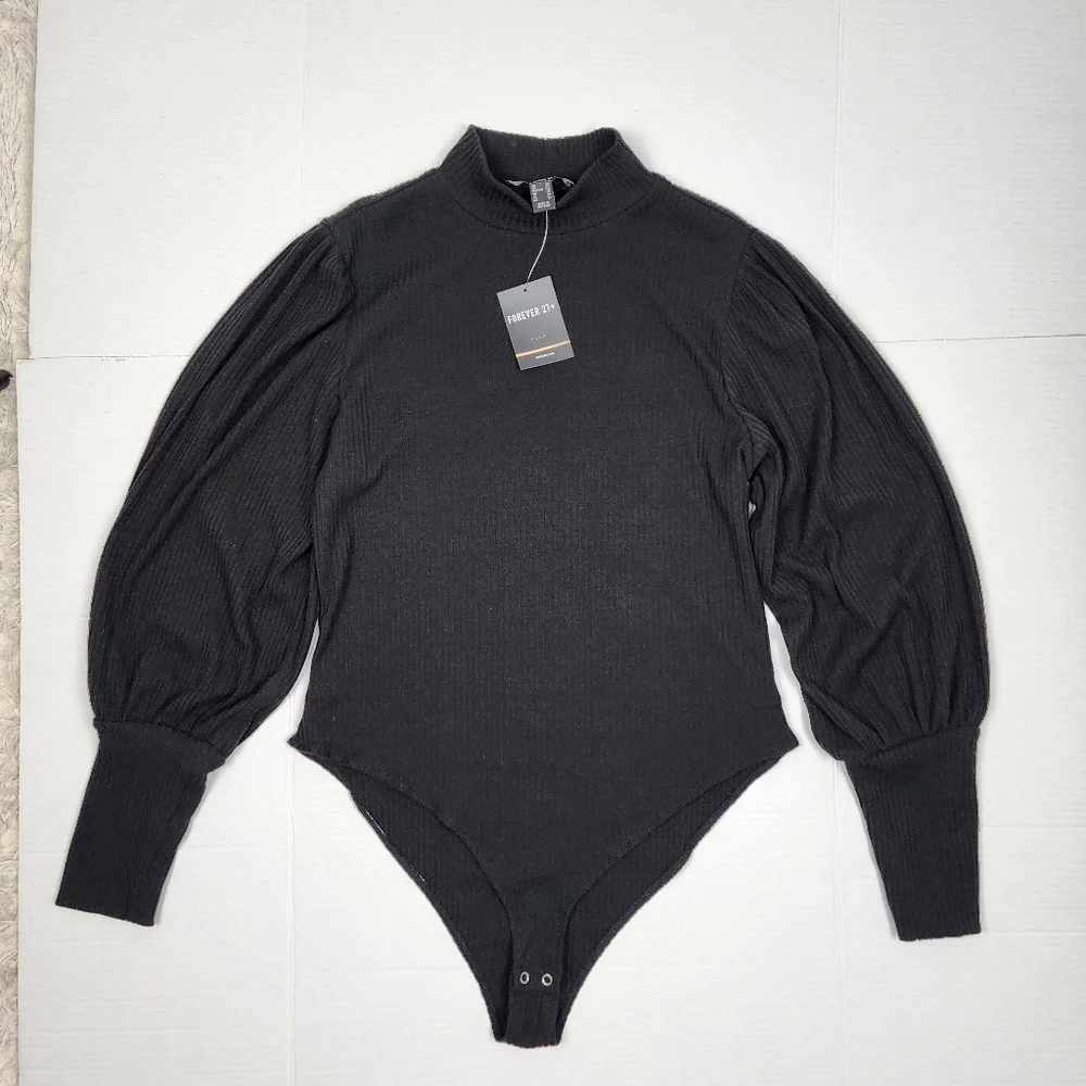 Forever 21 Plus Bodysuit Ribbed Black Knit Puff Long Sleeve NWT Size 2X - Picture 16 of 16